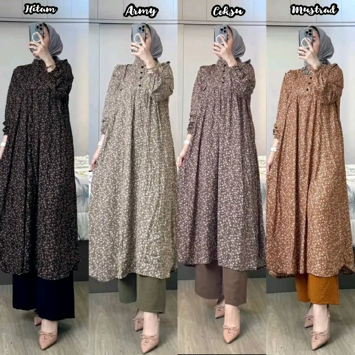 Set Tunik One Set Long Tunik Bahan Rayon Diamond Mix Crinkle Airflow   Celana Karet Setelan Muslim