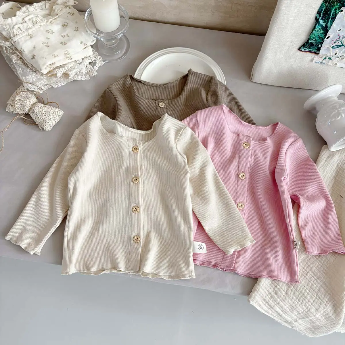 Korean ins spring and autumn versatile knitted cardigan for baby girls solid color coat for babies