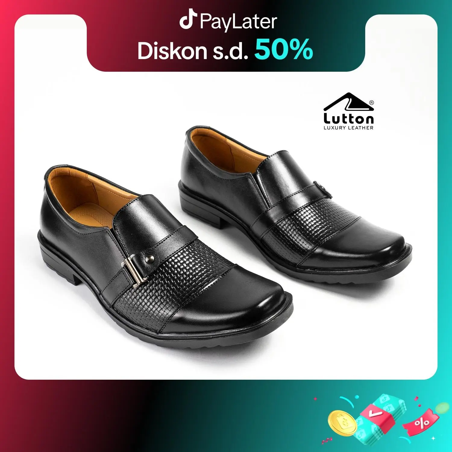 Sepatu Pantofel Formal Pria LUTTON MU 04 Hitam Kerja Resmi Kulit Asli Size 39-46 Shoes