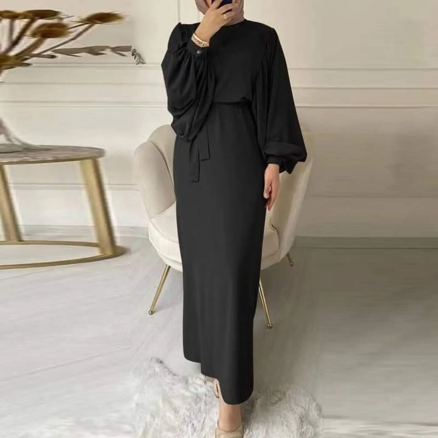 High quality Solid color Green pink Black Muslim skirt Southeast Asian fashion lantern sleeve waist pack hip round neck long sleeve women's dress  dresses
