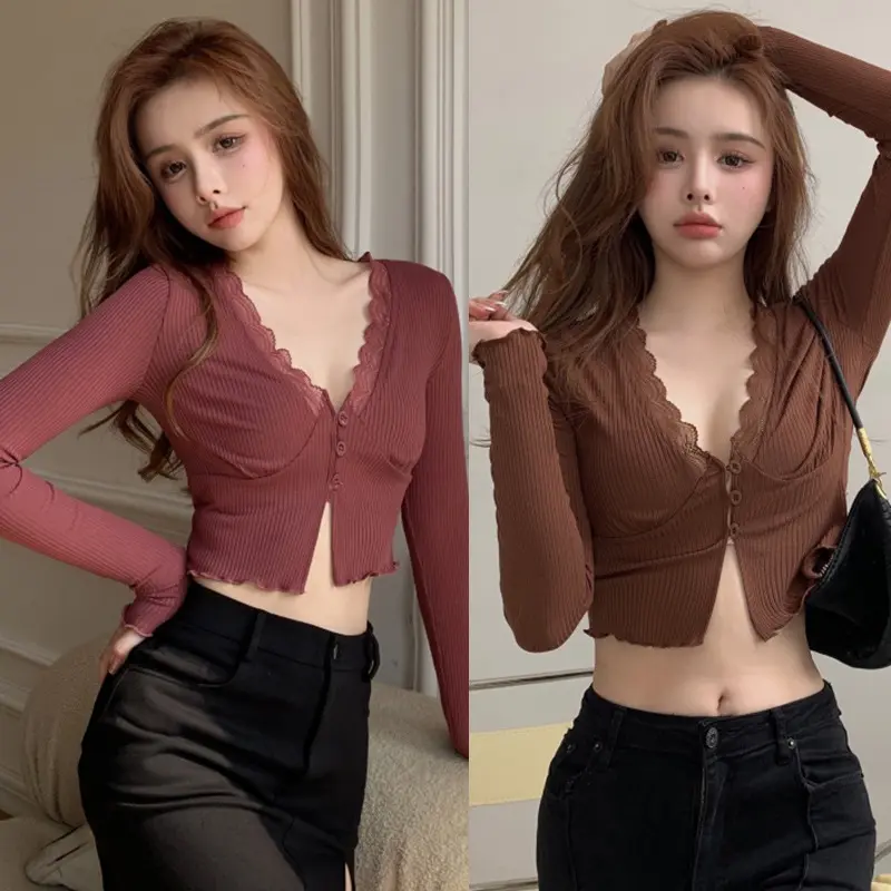 Women Crop Top Casual T Shirt Button down V Neck Cardigan