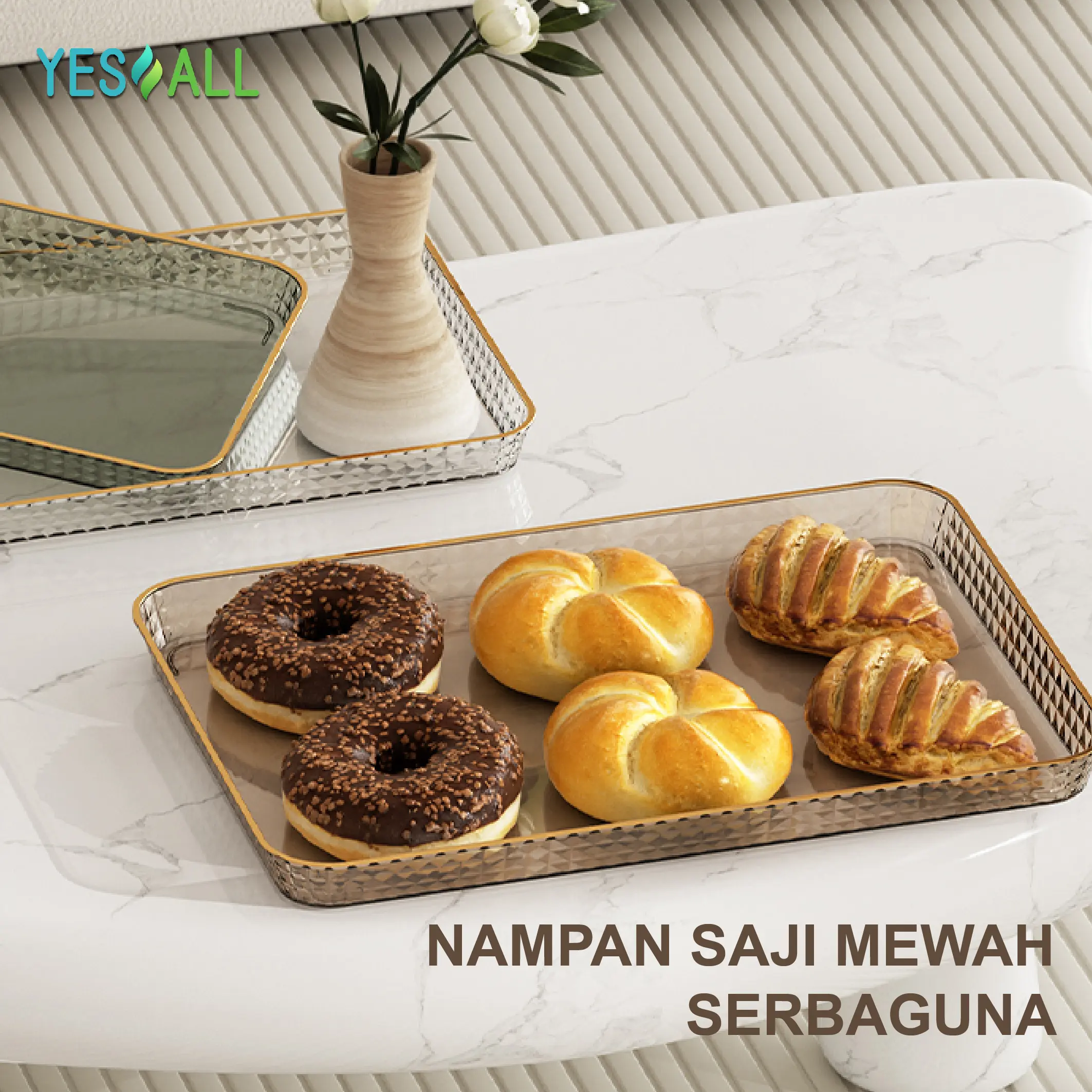 YESALL Nampan Saji Serbaguna Mewah Aesthetic Nampan Transparan Nampan Plastik Makanan Buah Snack Air Teh Kopi Rectangle Food Snack Tray Tatakan Dapur Mewah Tempat Makan Snack Makanan Minuman Buah Potong Estetik Piring Saji Plastik Piring Makan Buah