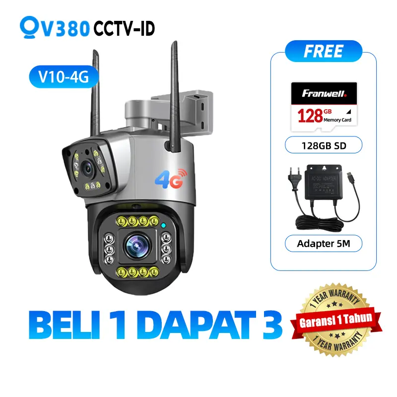 【Paket Diskon】COD V380 V10-4G(CCTV+Kartu SD 128G+Kabel 5M) Pakai SIM Card Outdoor Dual Lens HD 8MP Anti Air CCTV Camera Penglihatan Malam Lensa Ganda Kamera keamanan Audio Dua Arah