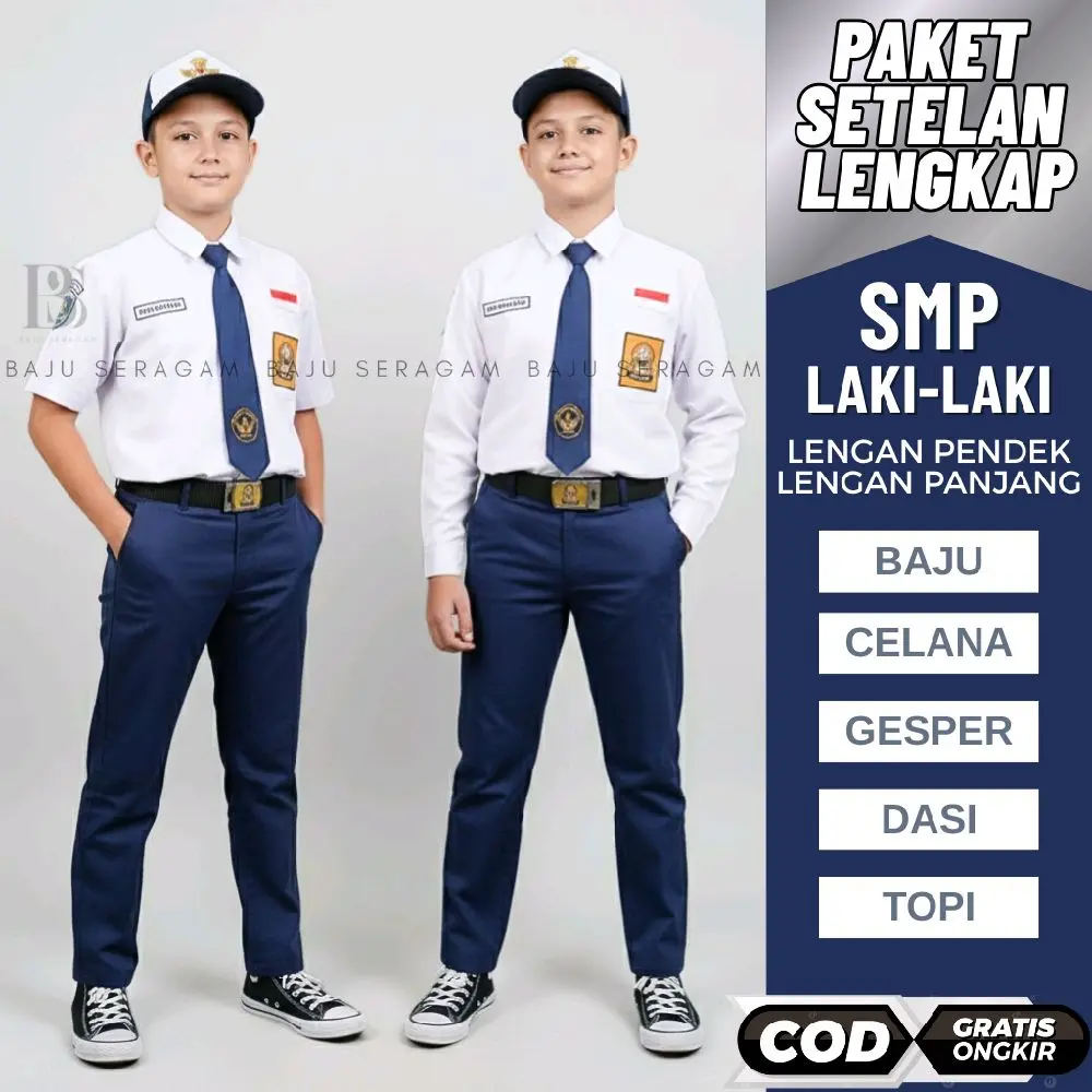 Baju Seragam Setelan Lengkap Sekolah SMP Putih Biru Laki Laki Lengan Panjang dan Lengan Pendek Bahan Oxford Kelas 7-9 SMP Fashion Sekolah celana Paket SMP