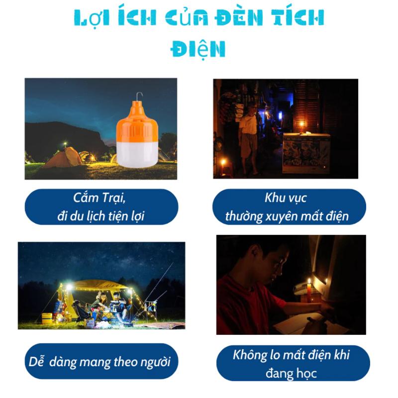 Bóng đèn tích điện công suất 150W-200W siêu sáng, Bóng đèn led tích điện có móc treo tiện lợi