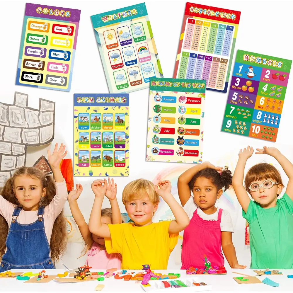 Educational Preschool Posters 10PCS Charts for Preschoolers Toddlers Kids Kindergarten Alphabet Plastic waterproof