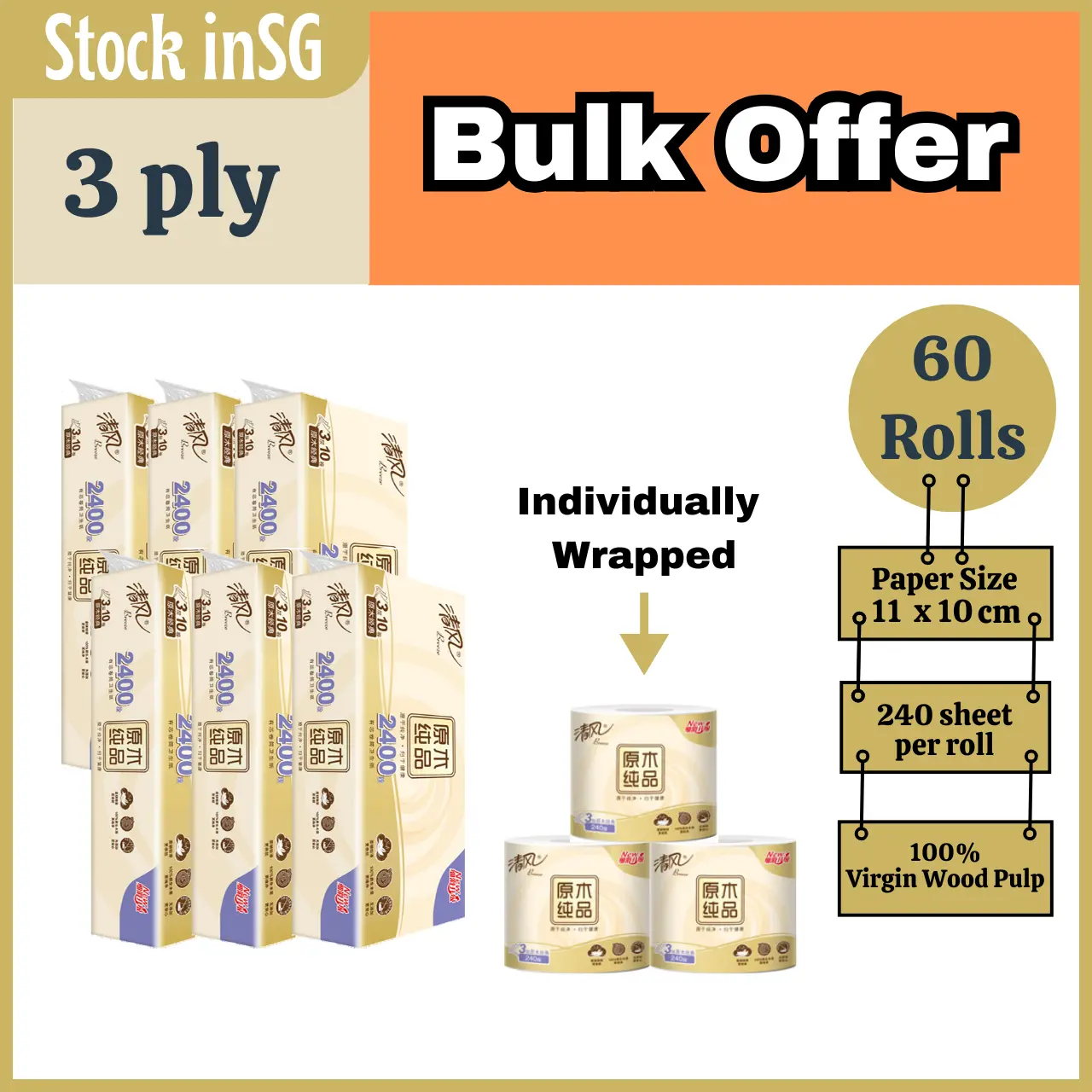 [Bulk Offer] Breeze (60 Rolls/3 Ply) 2400 Tissue Roll