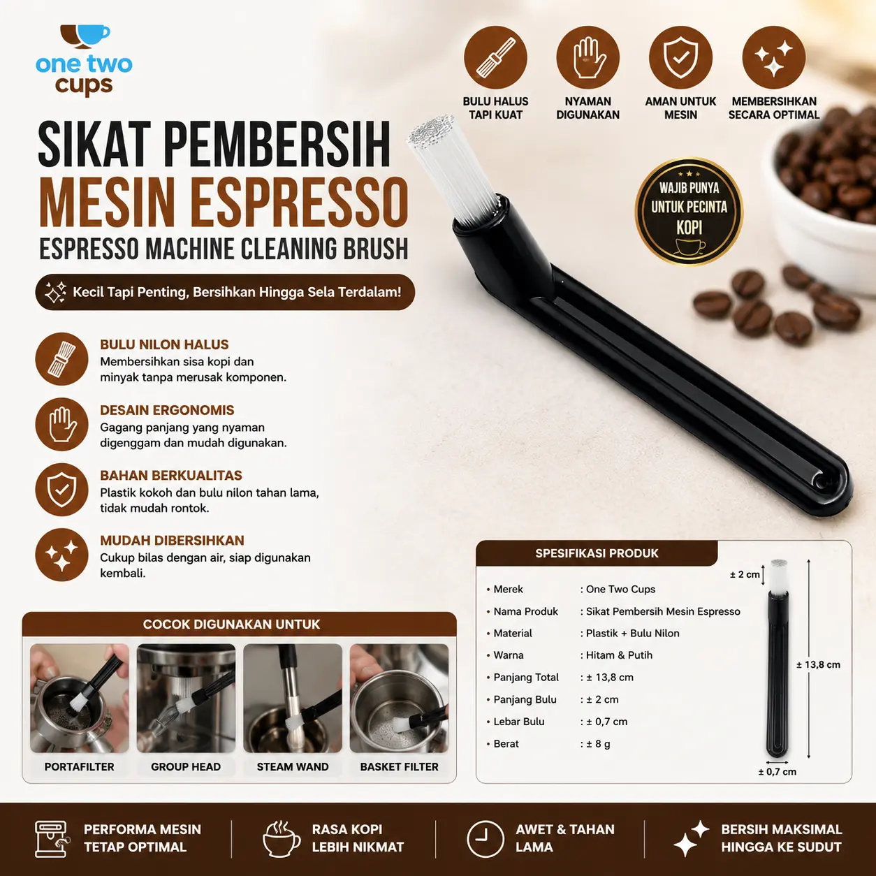 One Two Cups Sikat Pembersih Mesin Espresso Machine Cleaning Brush