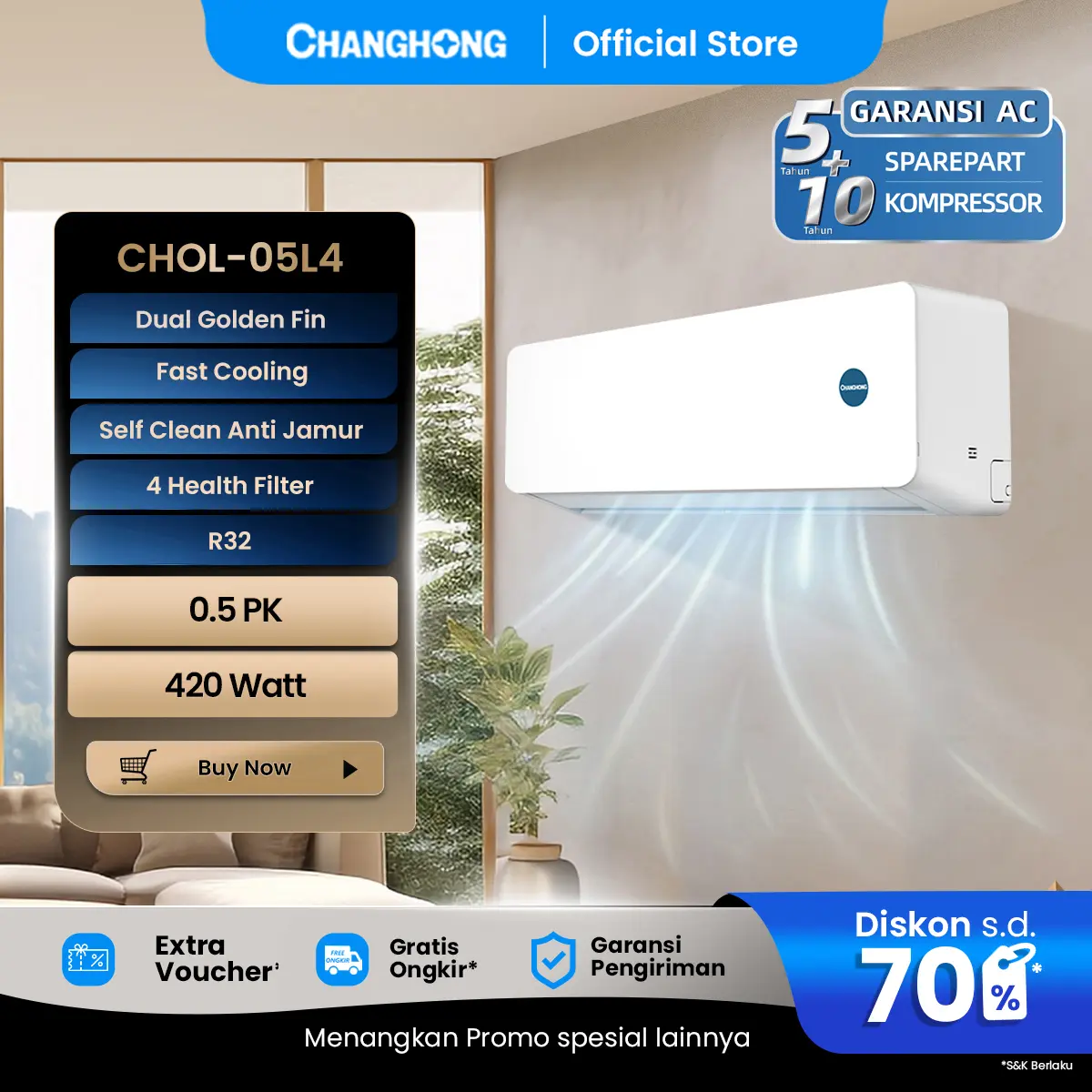 CHANGHONG AC 1/2 PK STANDARD CHOL-05L4 [INDOOR + OUTDOOR UNIT ONLY] [FAST COOLING] [SLEEP MODE] [ECO MODE]