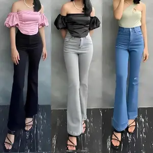Highwaist Cutbray Jeans Wanita Premium Celana Celana Panjang Polos Denim Melar Cewek Karet