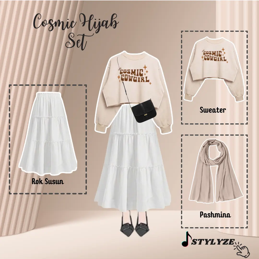 Cosmic Hijab Set 3in1 (Sweater+Rok Susun+Pashmina) Ramadhan Series Remaja Cewek Kekinian SZ14