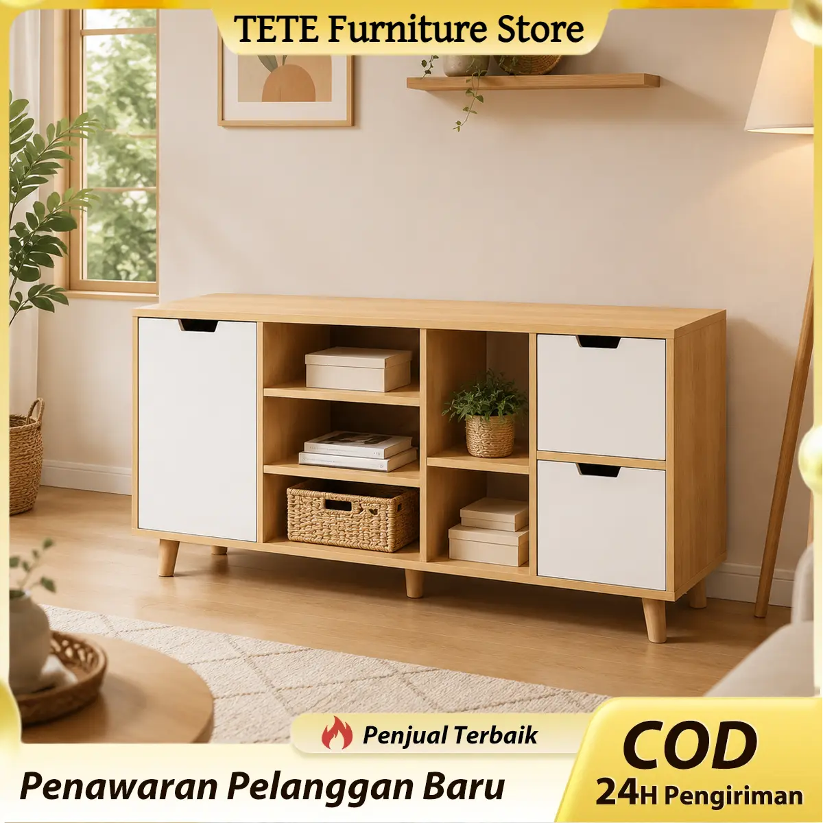 TETE-LemariTV Modern Minimalis Gaya Nordic Kayu Solid Lemari Penyimpanan Multifungsi Rak Elegan Hemat Ruang untuk Ruang Tamu Kamar Tidur Meja TV Sederhana Rak Film Cabinet TV UnitTV Cabinet Media Console dengan Laci dan Pintu Storage  Furniture