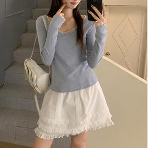 Blue Striped Lace Trim V Neck Long Sleeve T-Shirt for Women, Fall New Inner Layer Fitted Top, Casual Fashion Clothing 3424# Womenswear Vneck