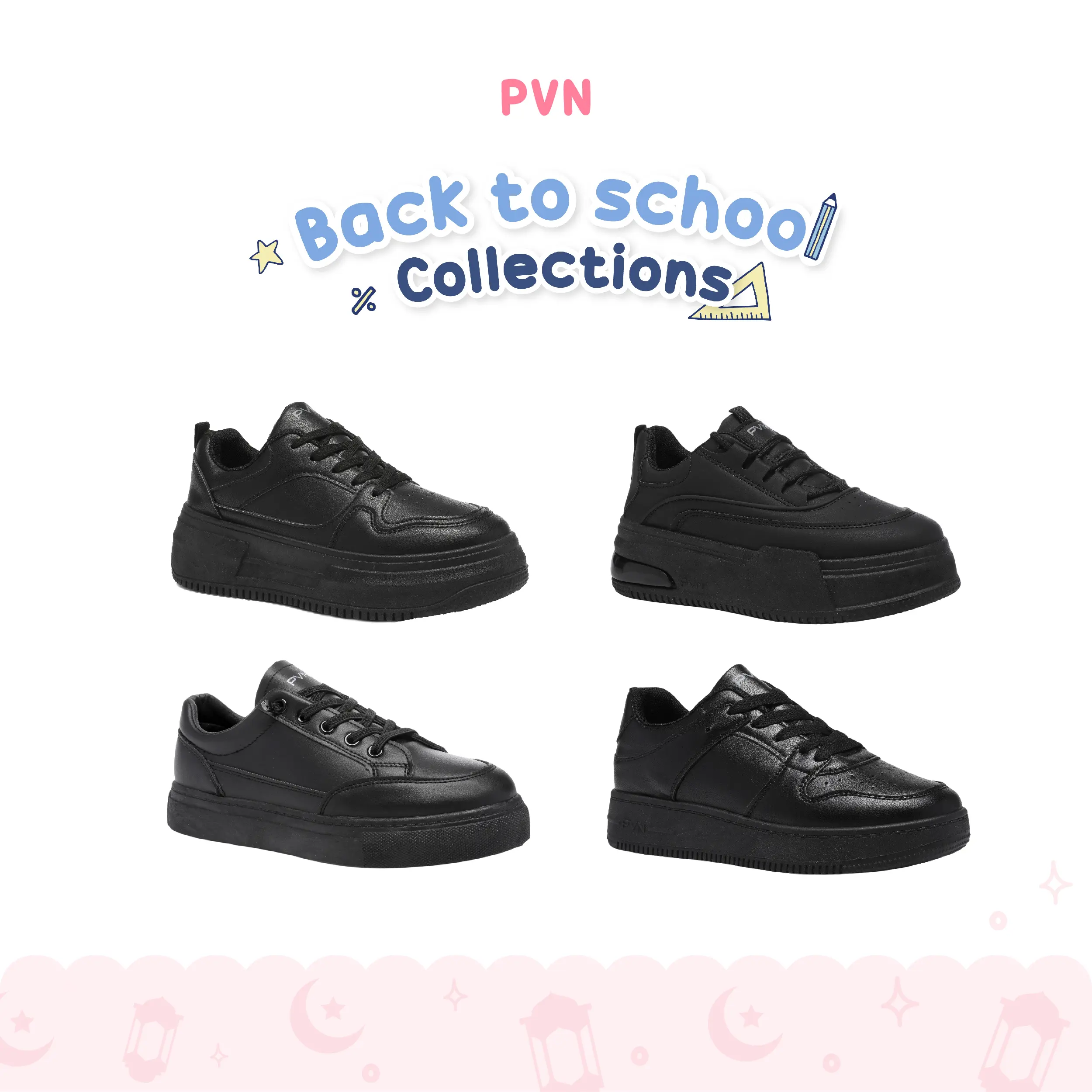 PVN Jeno Back To School Sneakers Sepatu Sekolah Hitam Polos Wanita Black Collection