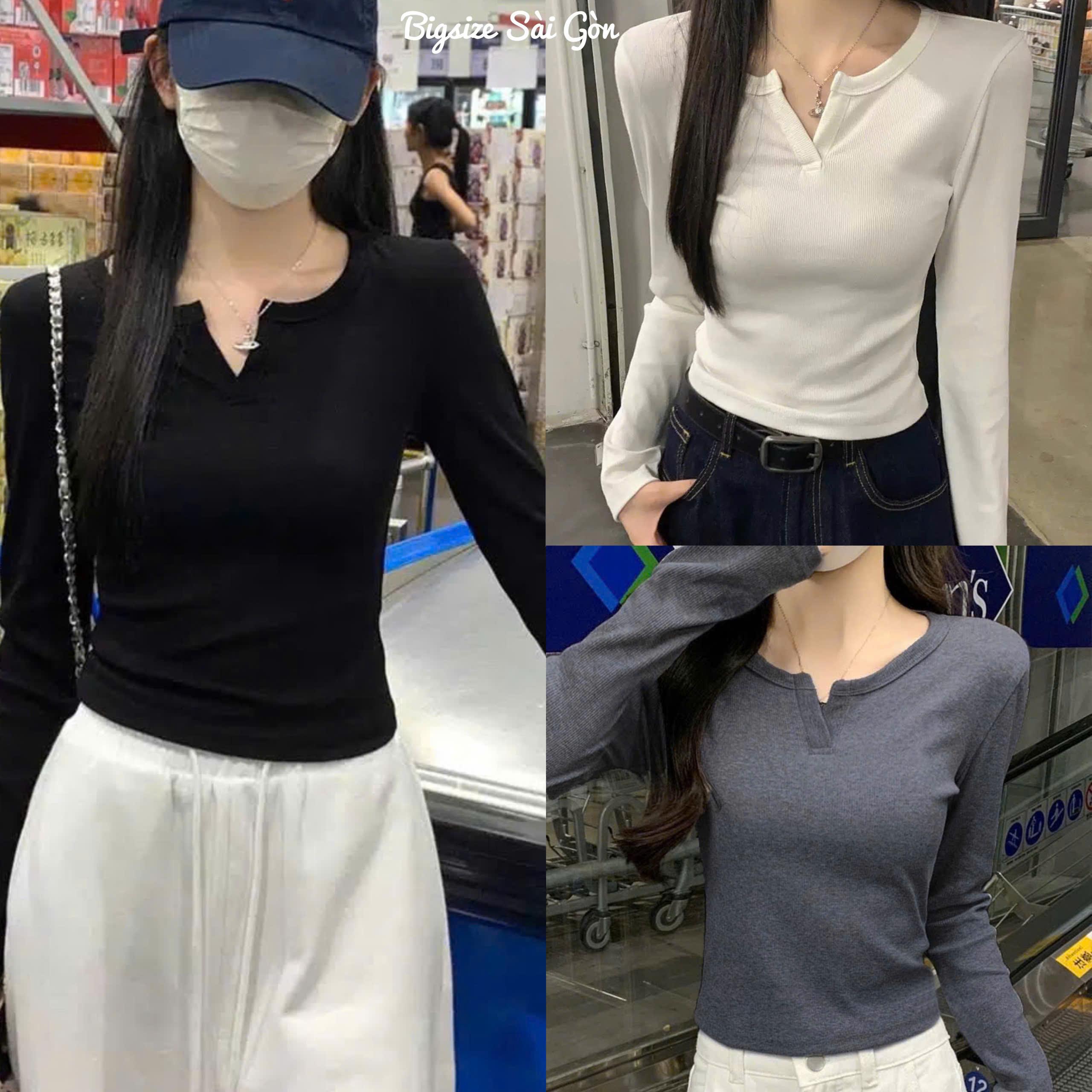 Áo Thun Nữ  Phối Cổ Chữ V Tay Dài Vải Thun Gân Tăm 45- 90Kg Bigsize Dễ Thương Top Nữ Women - B.1540