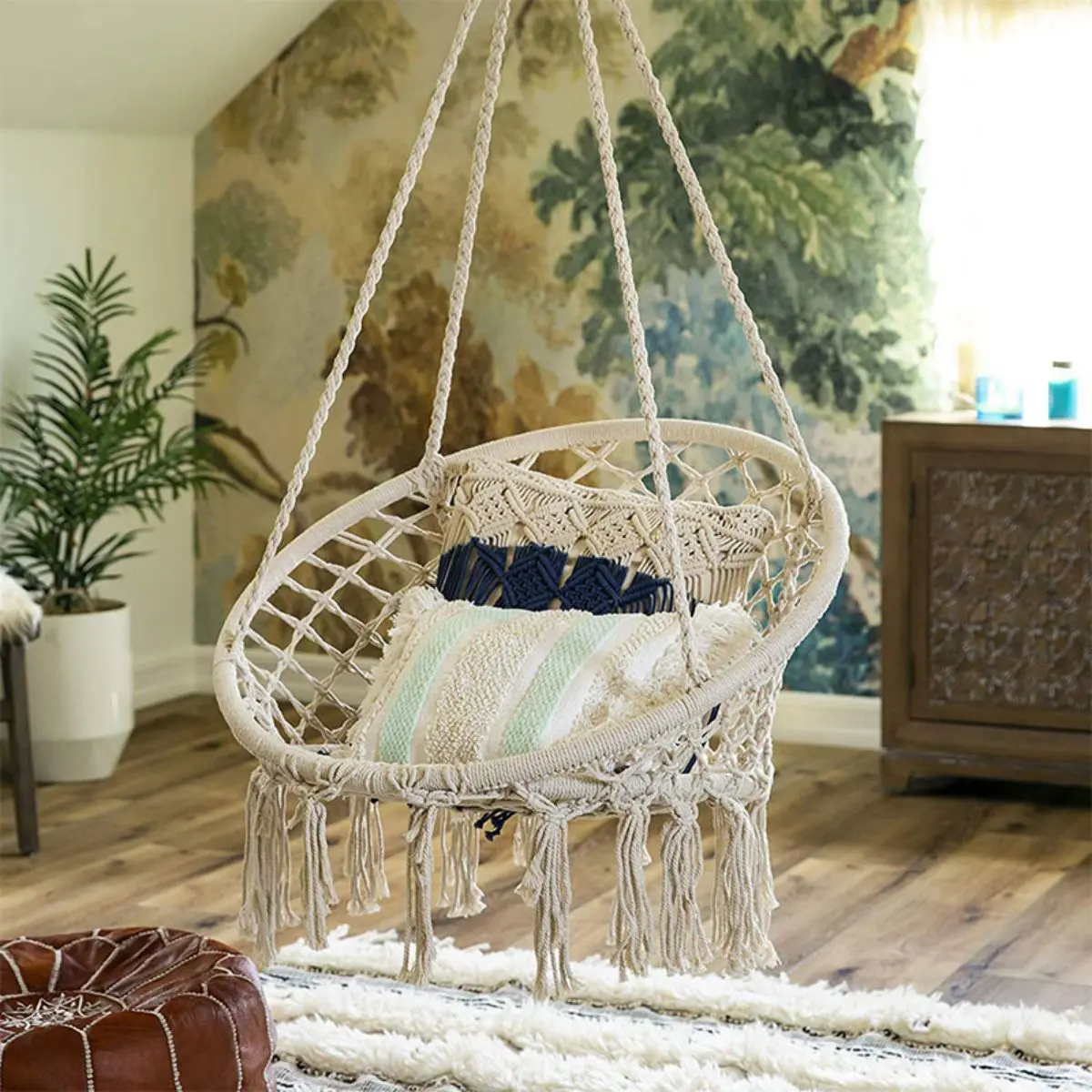 Nordic Style Round Swing Chair Ceiling Hanging Chair Hammock Kids /Adult Buaian Outdoor Indoor Swing Sofa Metal Iron buai gantung rotan Balcony Swing Chair not Wooden Standing Swing luar rumah