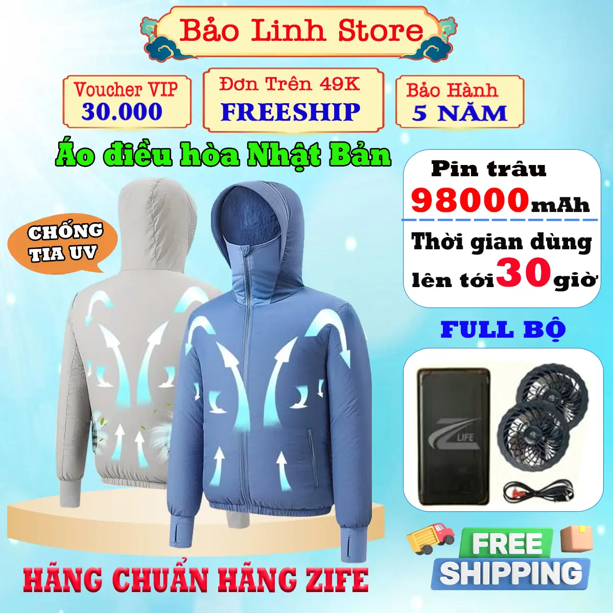 Áo Điều Hòa Siêu mát Cao Cấp, Áo Chống Nắng Có Mũ công nghệ Nhật Bản, Áo Điều Hòa Gắn 2 Luồng Quạt Với 3 Chế Độ Điều Chỉnh Dung Lượng Pin Lên Tới 98.000mAh Phụ Kiện