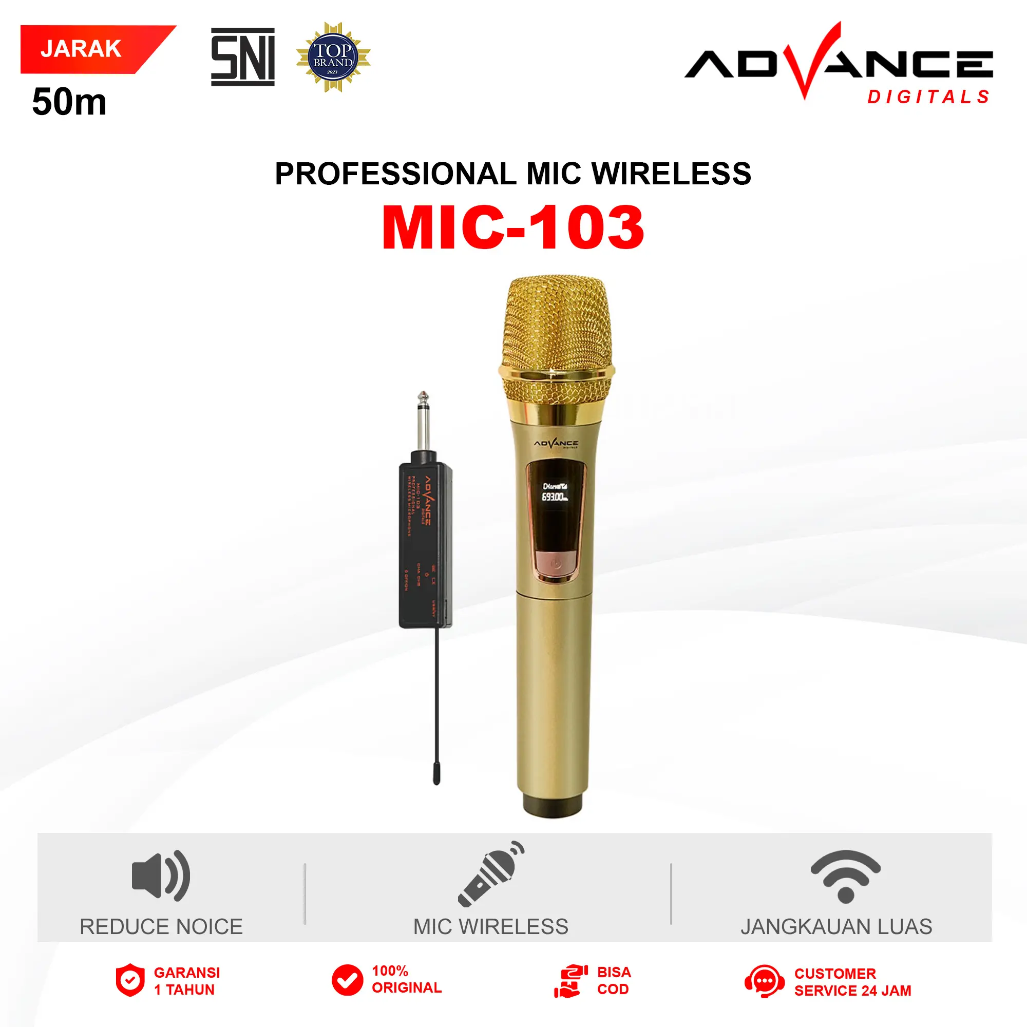 【COD】Advance Mic-103 Microphone Wireless Single Recharger Garansi Resmi 1 Tahun Black Gold Led  Mikrofon