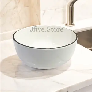 Mangkok Keramik Putih List Hitam 14cm | Mangkok Sup Keramik | Mangkok Bakso