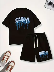 Stelan Baju dan Celana Pendek Santai Pria motif GravityBlue/Boxer Katun flecee/Kaos oblong atasan