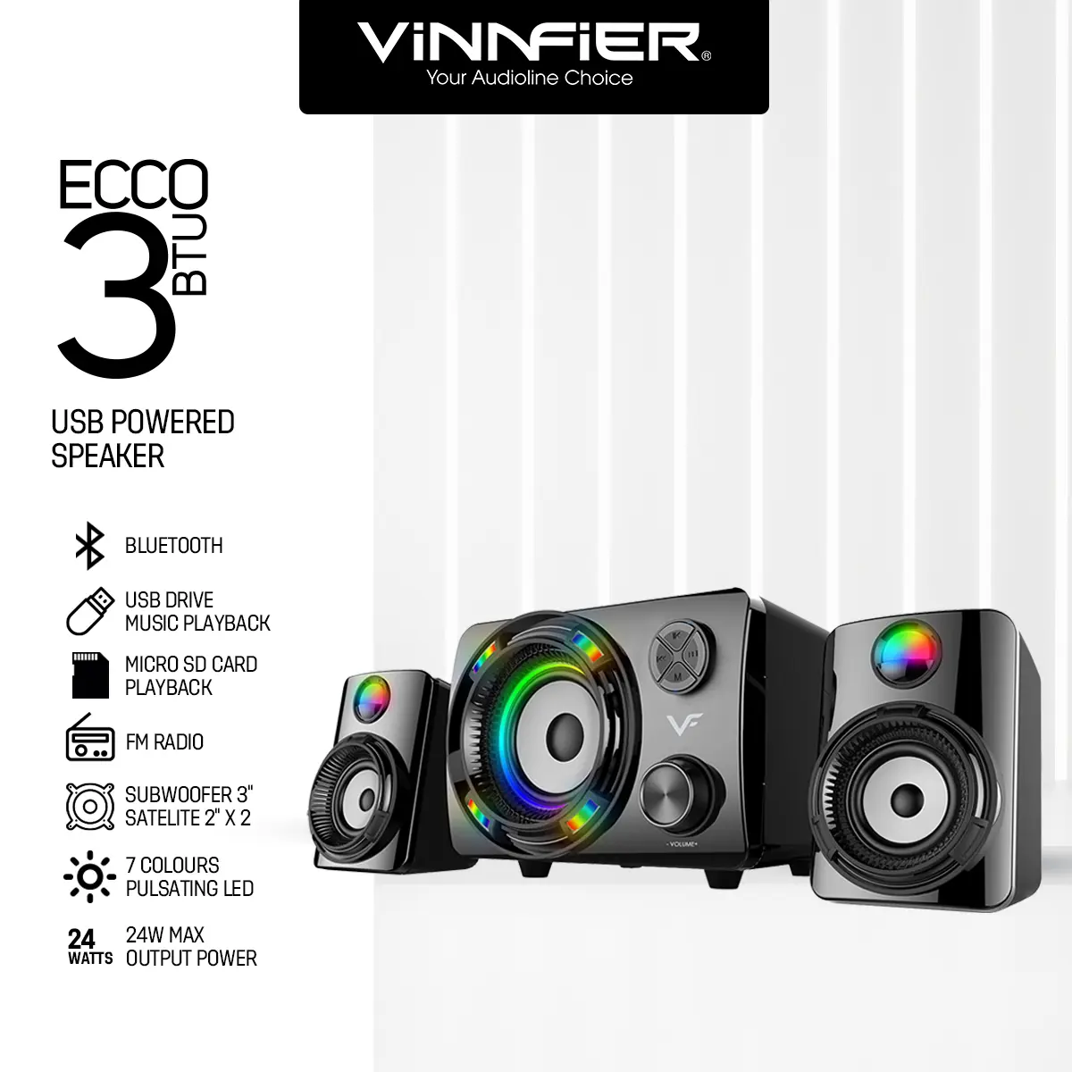 VINNFIER ECCO 3 BTU Bluetooth Speaker System 7 Color Pulsating LED Lights Audio Subwoofer Usb vinn fier
