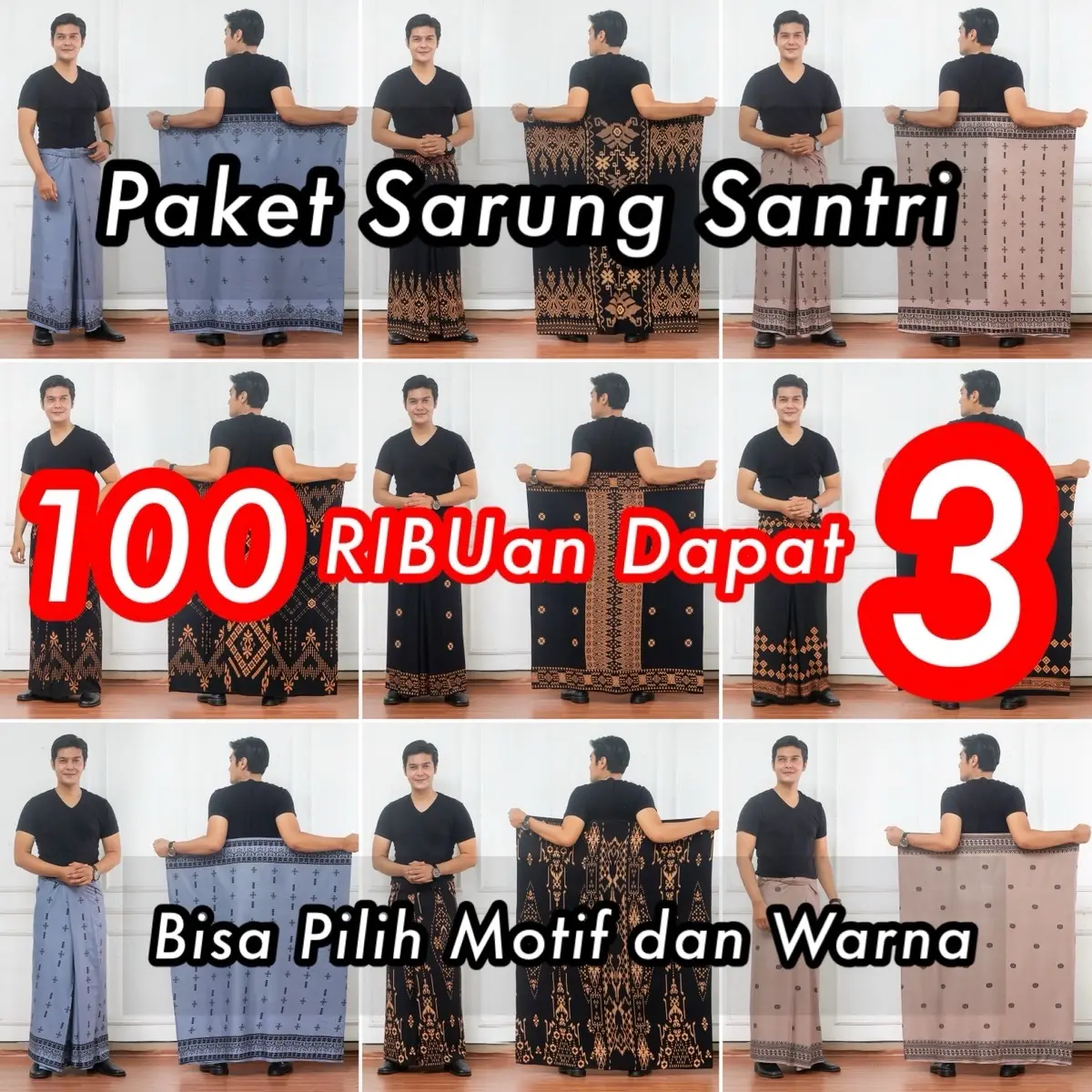 Al Hubeib - Paket Usaha Sarung Rayon Gloyor 3pcs 100ribuan Santri Santriwati Dewasa Hitam Lembut Muslim