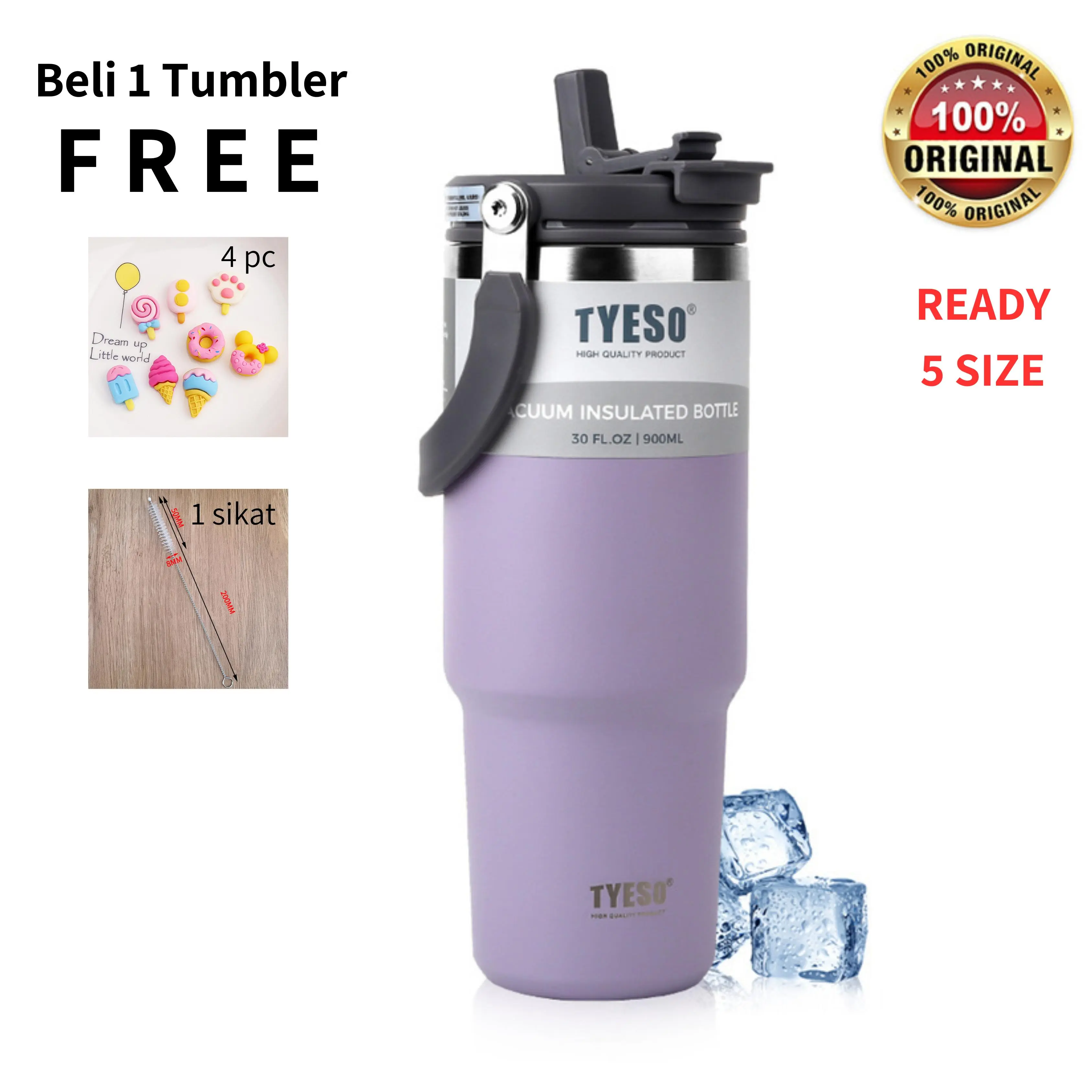 TYESO Tumbler [FREE SIKAT & STIKER 3D] ORI 100% Mug Coffee 2in1 VacuumInsulated DoubleWall TahanPanasDingin SUS304FoodgradeBPAFREE. Botol Termos StainlessSteel