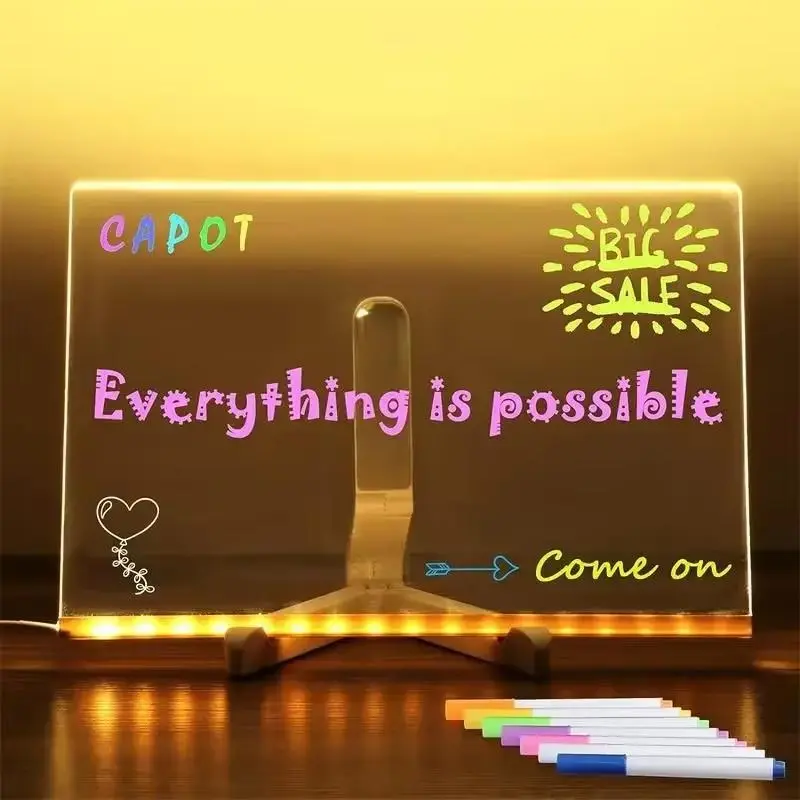 LED Lighted Acrylic Drawing Board, Erasable Message Board, with 7 Color Pens and Stand