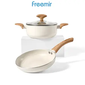 [MEGA SALE] freemir 2in1 Panci Sop Kuping 18 cm + Fryping Pan 20 cm Anti Lengket Wajan Wok Pan Beige Series Aluminium Kaca