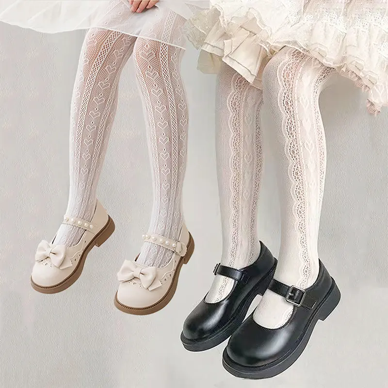 Pack of 2 summer girls' tights with mosquito protection, suitable for older children. Features heart-shaped princess designs, floral patterns, and breathable mesh. Available in solid colors, perfect for air-conditioned environments.