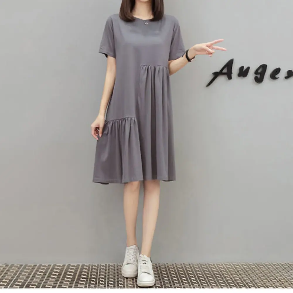 Plus size women's summer fashion temperament dress loose Korean version short sleeve irregular stitching to cover the belly and show thin skirt Casual Lingerie Lady Casual Wear Gowns Basic Crewneck Round Neck Minimalist Comfort Womenswear Fitted Dresse
