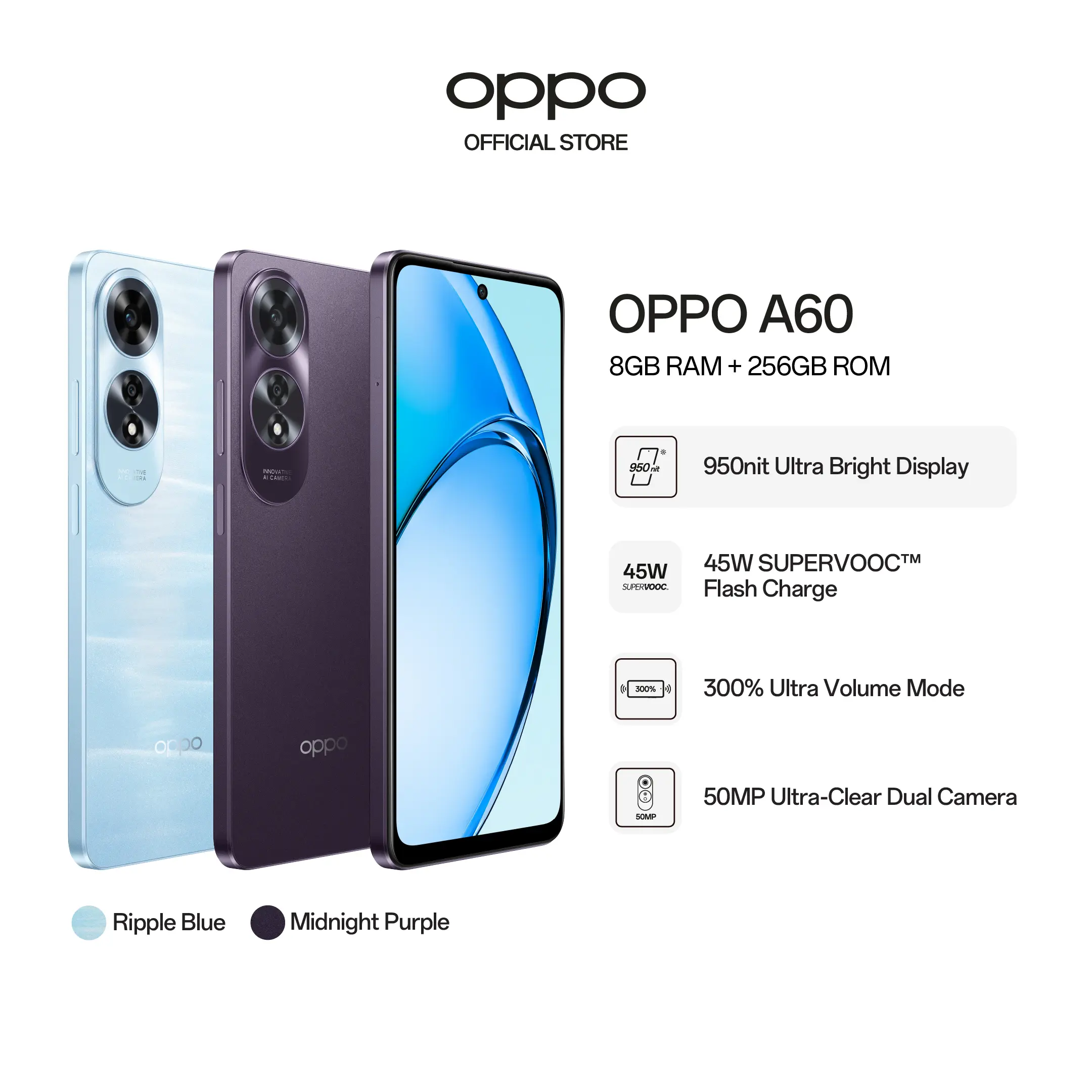 OPPO A60 / 8GB + 256GB / 950 nit Ultra-Bright Display / 45W SUPERVOOC Flash Charge / 50MP Ultra-Clear Dual Camera / 2 Years Local Warranty
