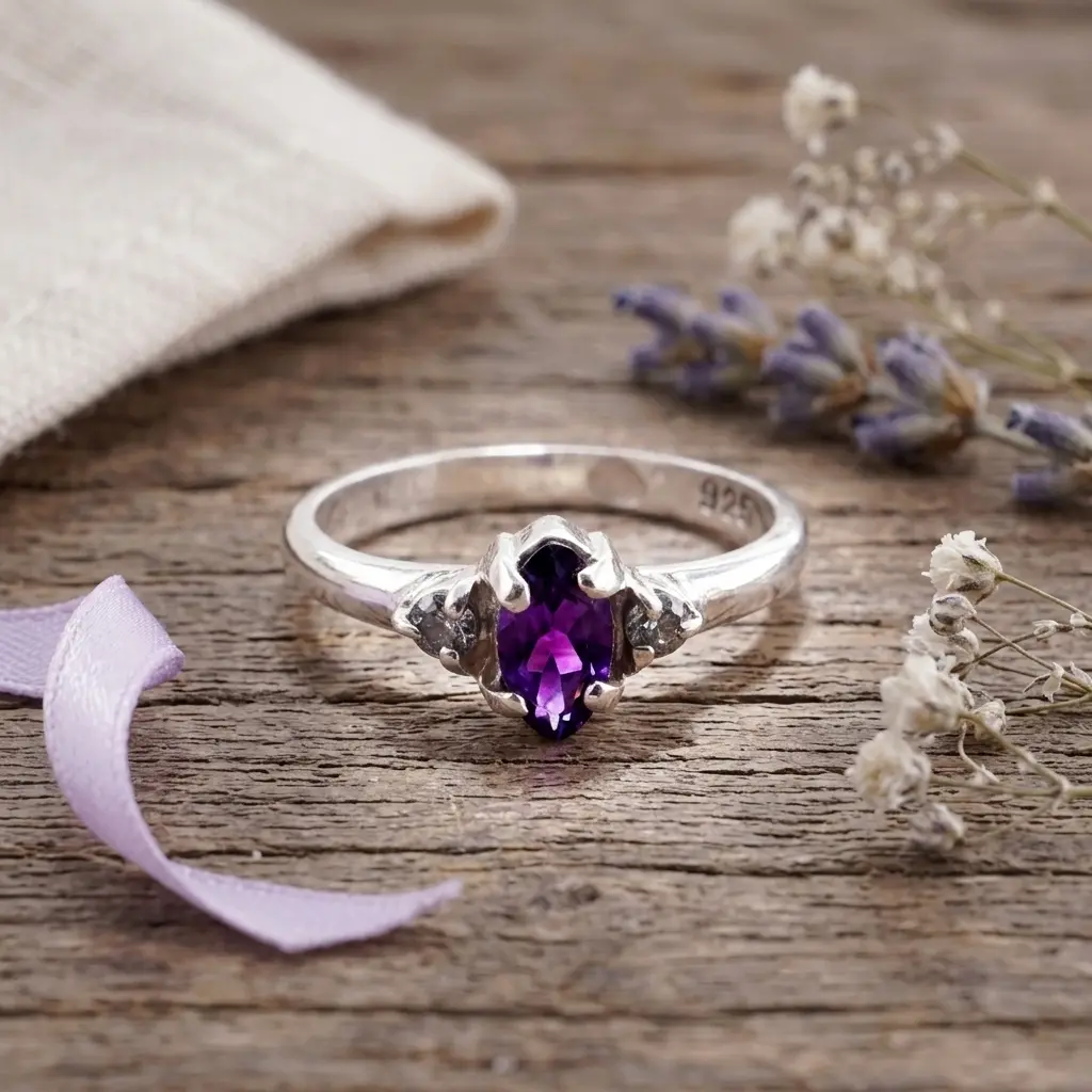 Cincin Wanita Perak Asli 925 Tabur Mini Natural Amethyst Ametasha