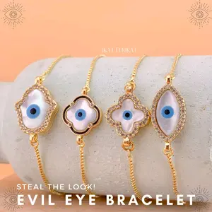 Evil Eye Bracelet - Gelang Tangan Wanita Mutiara Air Tawar Gemstone Crystal Healing Stone Batu Anti Karat Pudar Murah Handmade Buatan Tangan Adjustable