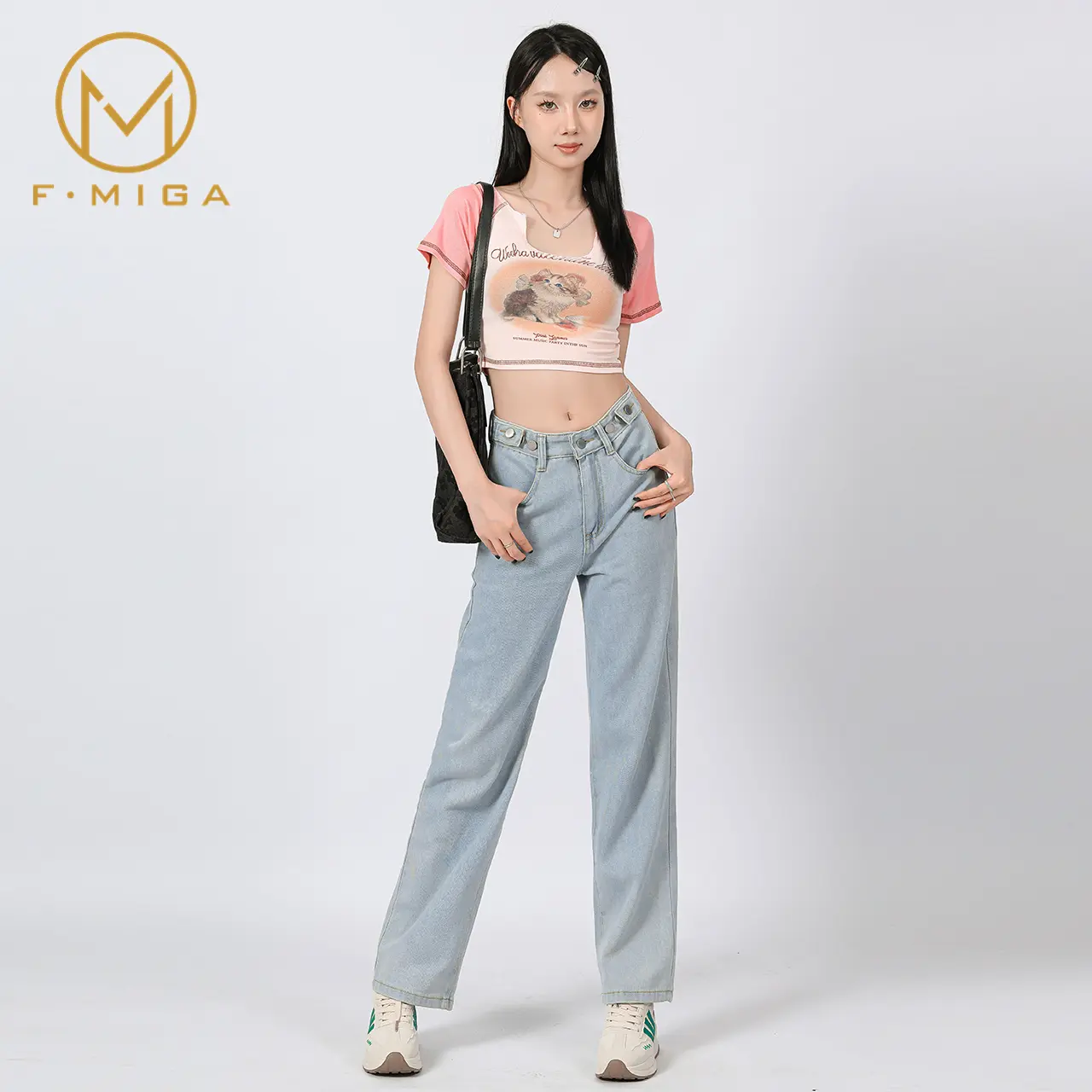 F·MIGA C2 Celana Jeans Wanita Higwaist Kulot Bagy Jeans Pinggang Yang  Panjang Dapat Disesuaikan Loose Jeans Wanita - Biru muda