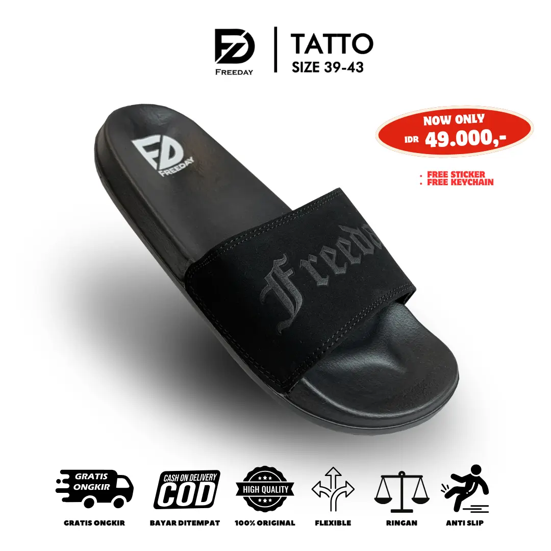 Freeday Black Tattoo sandal Ramadan shoes slides slip on casual distro eva premium  Kasual COUPLE Sendal Pria Freeday Slides sandal shoes  Kasual FLatbed docmart tactical   selop
