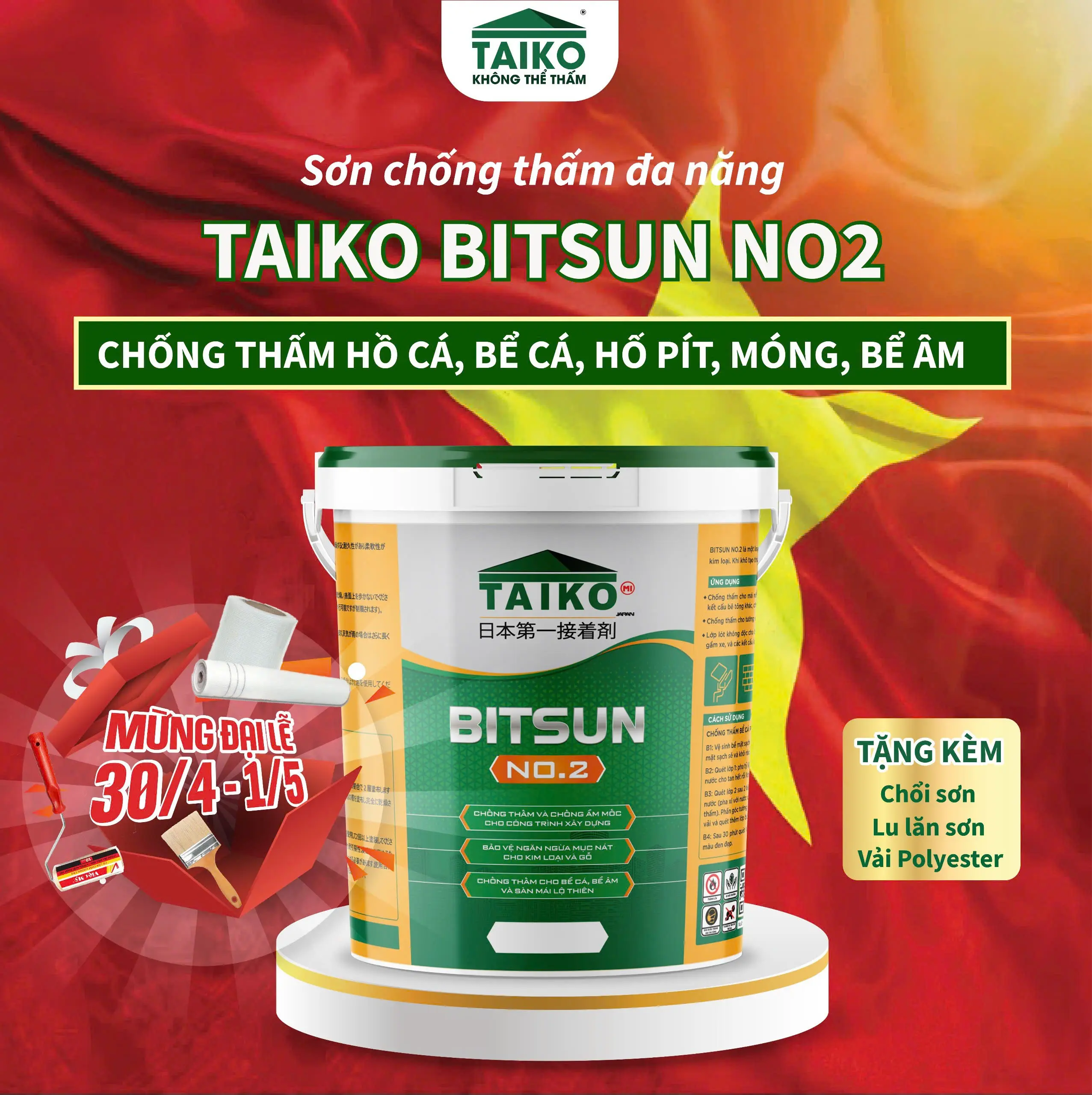 [1Kg] Sơn Chống Thấm Đa Năng TAIKO BITSUN No.2 – Pha Xi Măng, Chống Thấm Hồ Cá, Bể Cá Koi, Ban Công, Mái Nhà