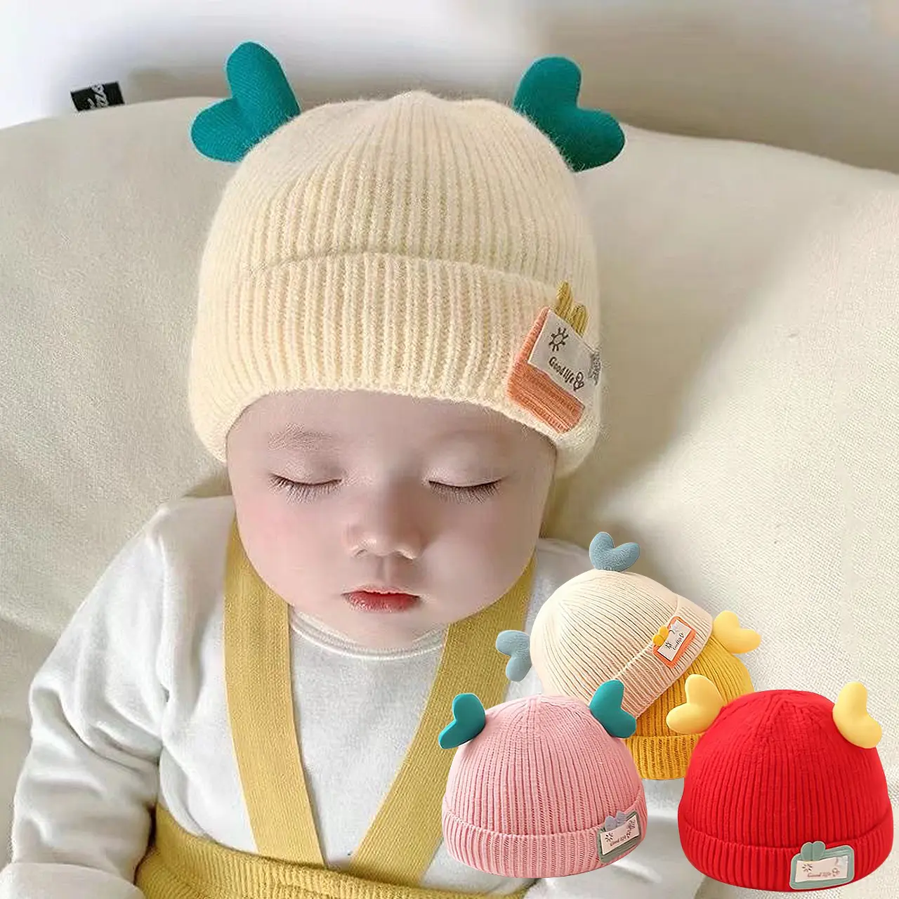 Cute Love Ear Kids Beanies Solid Color Woolen Skullies Cap Boy Girl Children Winter Warm Knitted Hat 0-2year Baby Crochet Bonnet