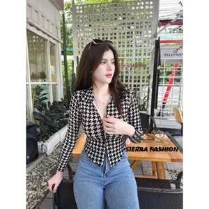 Houndstooth Rib Knit Longsleeve Zipper Wanita Lembut Kerah Knitwear Panjang