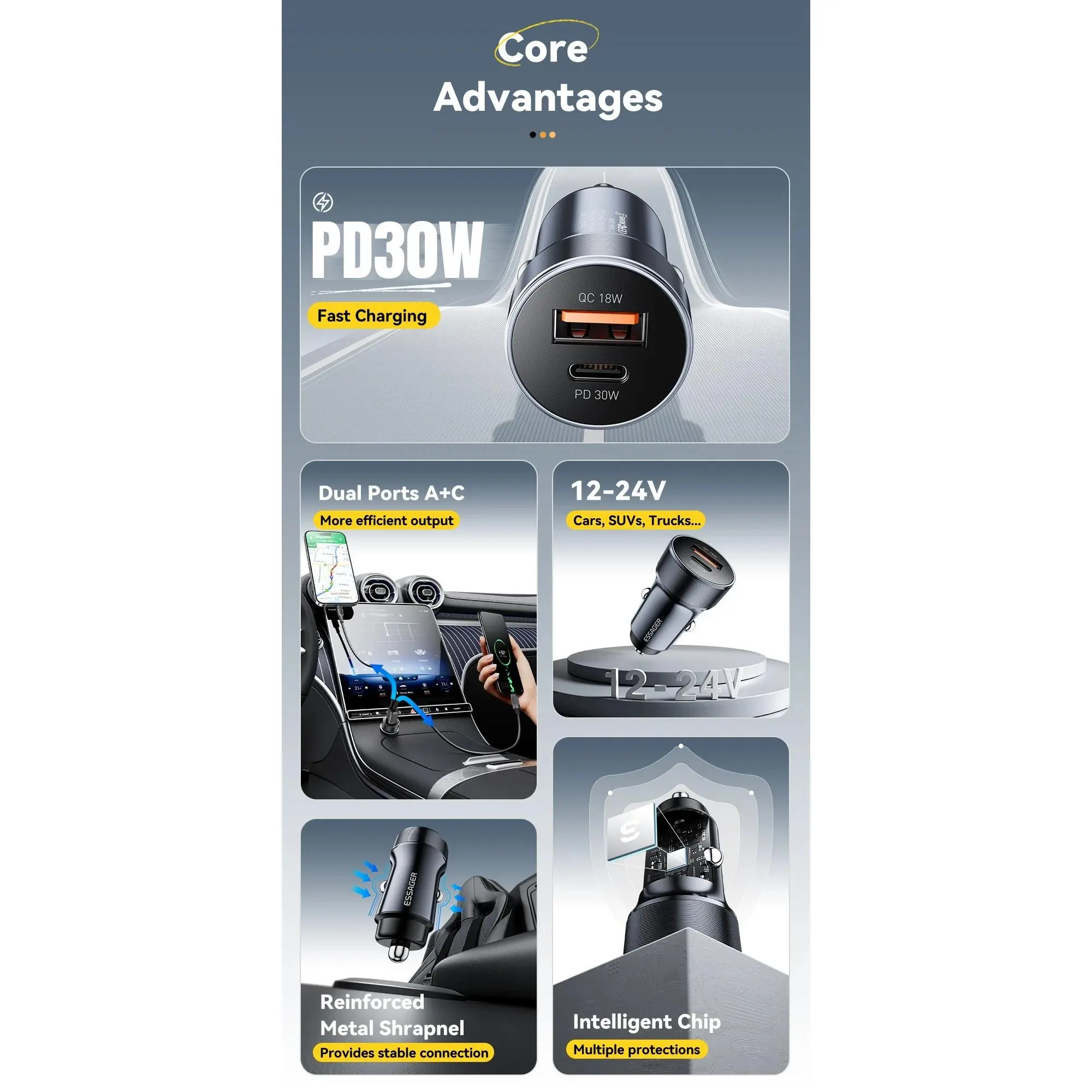 ESSAGER Car Charger Mobil Fast Charging PD QC 3.0 Dual USB 12-24V 30W - ES-CC24