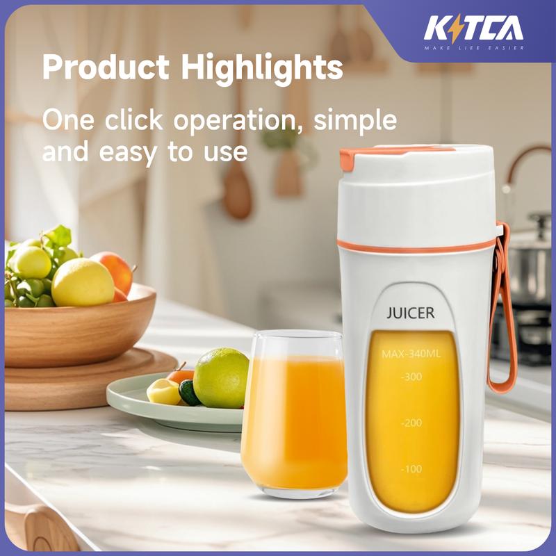 [Limit Discount]​KITCA Portable Blender Juicer - 450ML USB/Type-C Fast Charging, 12 Blades 304 Steel, for Shake & Ice Crush | with Straw & Travel Lid