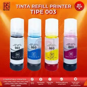 1 Paket Isi 4 Tinta Printer Kompatibel 003 Untuk Tipe Printer L1110 L3100 L3101 L3110 L3150 L5190 L3210 L3250 L5290 Cetak Tajam, Irit, Gak Bikin Ribet