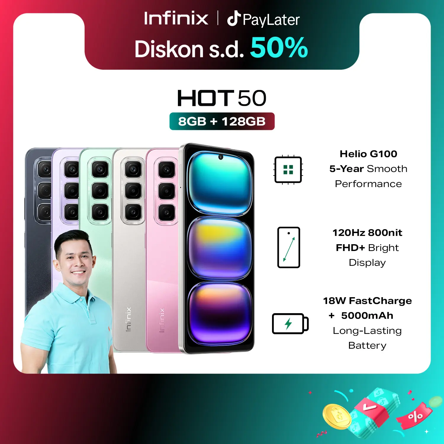 [Exclusive Afdhal] Infinix Hot 50 8/128GB - Up to 16GB Extended RAM - Helio G100 - 6.78 inch 120Hz FHD+ - 50MP - 5000 mAh - NFC
