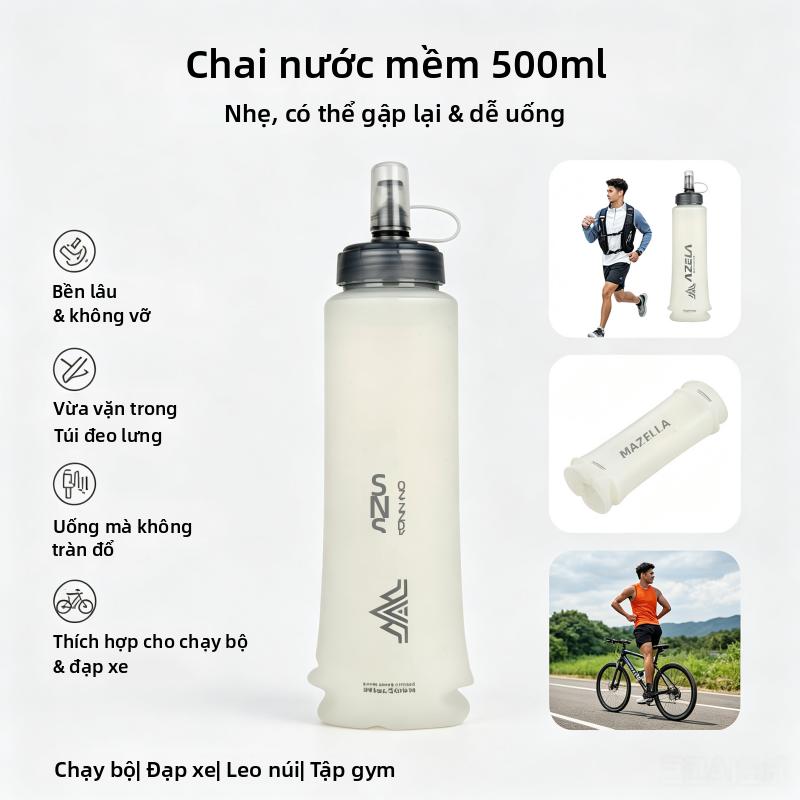 Bình nước mềm Azela, phù hợp cho các hoạt động thể thao ngoài trời, túi đựng nước bằng silicone, có thể gấp gọn để mang theo khi chạy bộ hoặc đi bộ đường dài, dung tích 500ml, túi đựng nước nhỏ gọn, dễ mang theo.,Chai