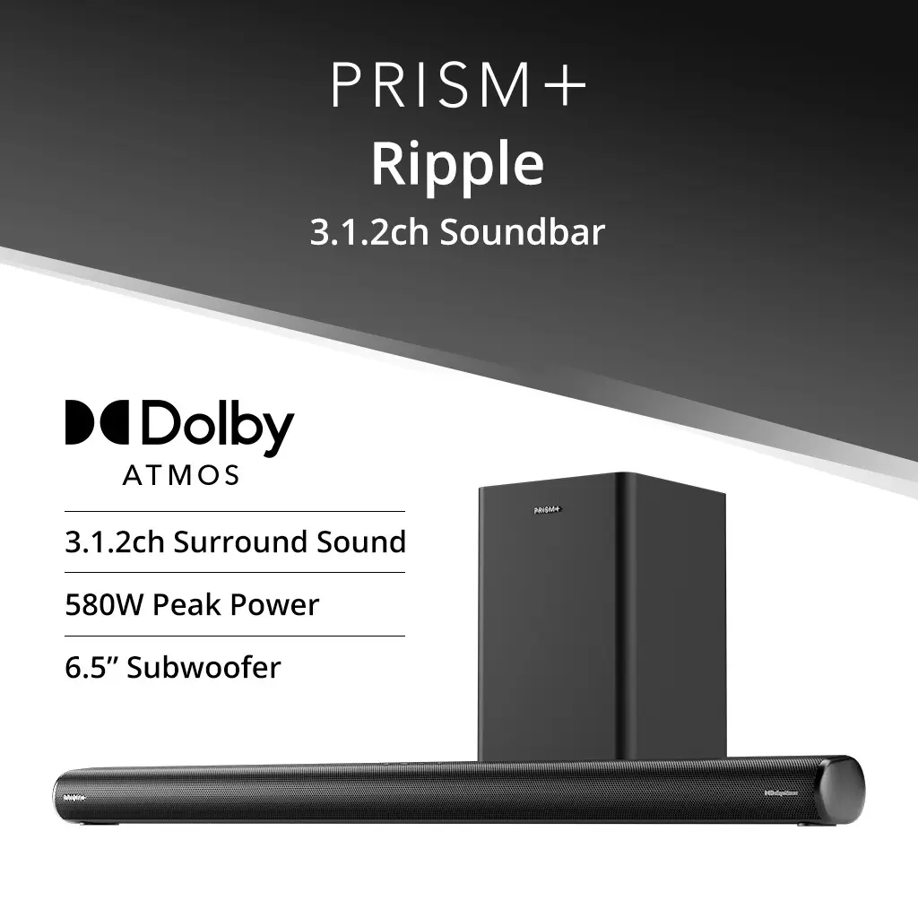 PRISM+ Ripple 3.1.2ch Soundbar with Dolby Atmos | 580W | Wireless Subwoofer | Wireless Music Streaming | Bluetooth 5.1 Audio Speakers