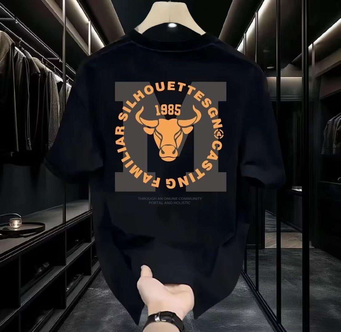 Men's streetwear slim-fitting short-sleeved t-shirt men's new bull's head letter trendy brand trendy round neck printing fashionable pure cotton trendy loose men's and women's retro novelty pattern printing | Kekinian