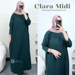 Clara Midi Batwing | Midi Dress Knit Batwing Polos Premium By Hijab Aluna Gamis Wanita Muslim Nyaman Cantik Lembut
