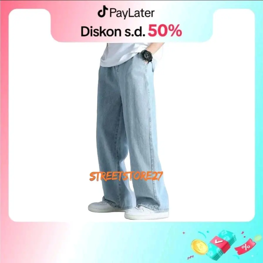 Celana Panjang Pria Jeans Loose Pants Korean Style Gombrang Warna Biru Bahan Tebal Minimalist Regular Denim
