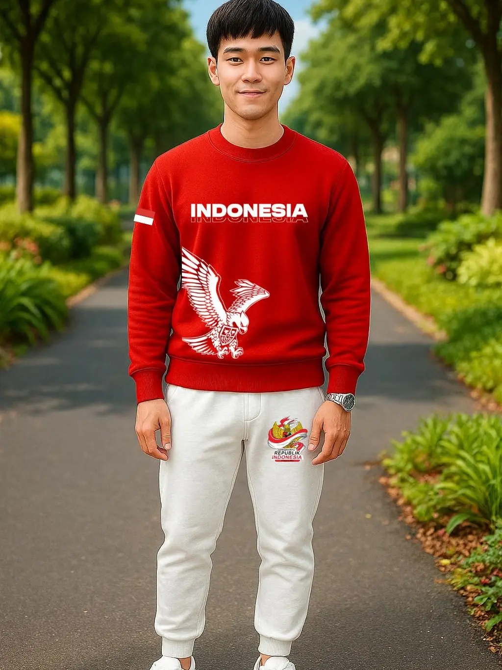Setelan 17 Agustus Pria Mukzhop | Outfit Bendera Merah Putih Dirgahayu Republik Indonesia Atasan Lengan Panjang dan Jogger HUT RI ke - 80