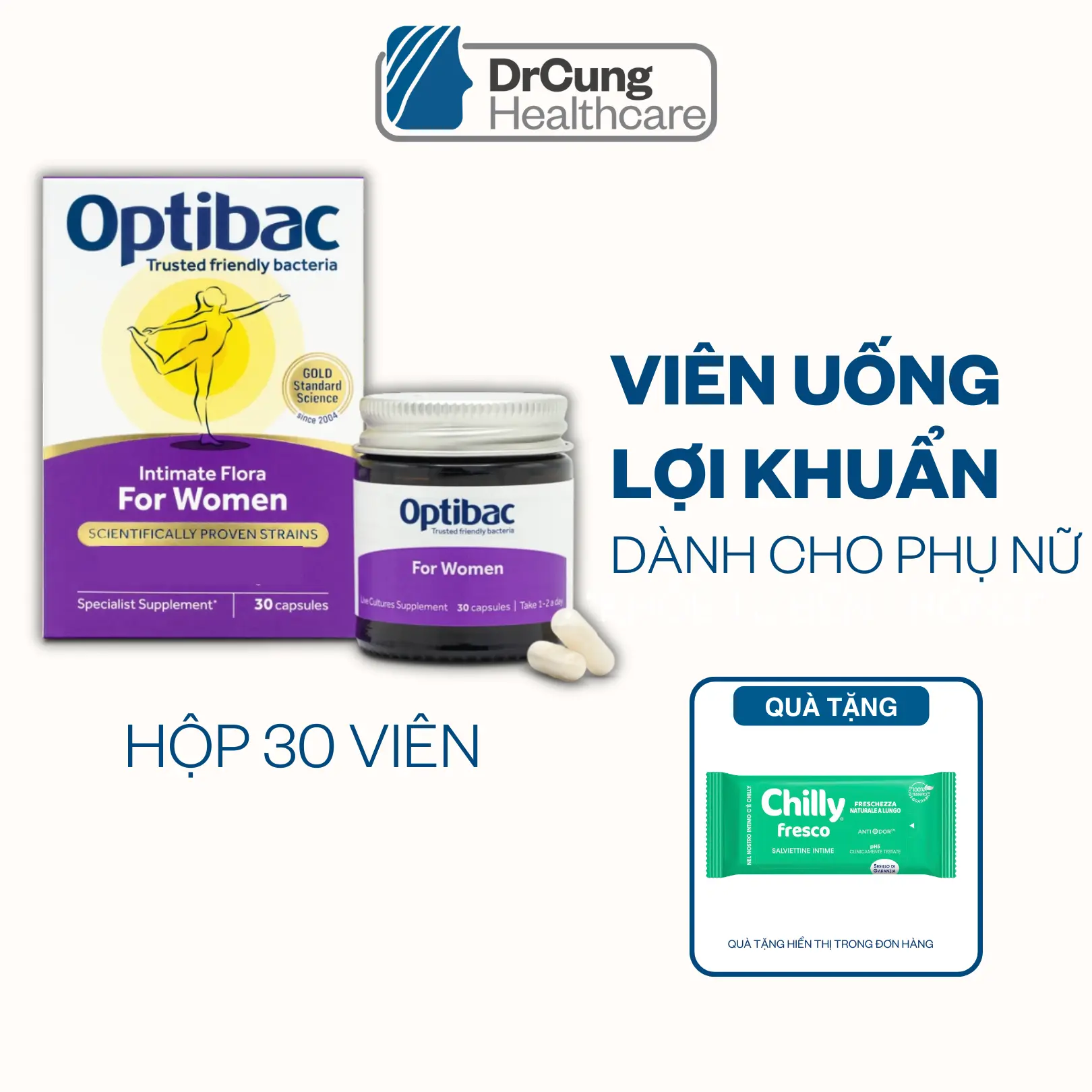 ID1 VIÊN UỐNG OPTIBAC PROBIOTICS FOR WOMEN LỌ 30 VIÊN Men lợi khuẩn Optibac Tím bổ sung cho phụ nữ MUA 1 LỌ TẶNG 1 KHĂN CHILLY XANH LÁ